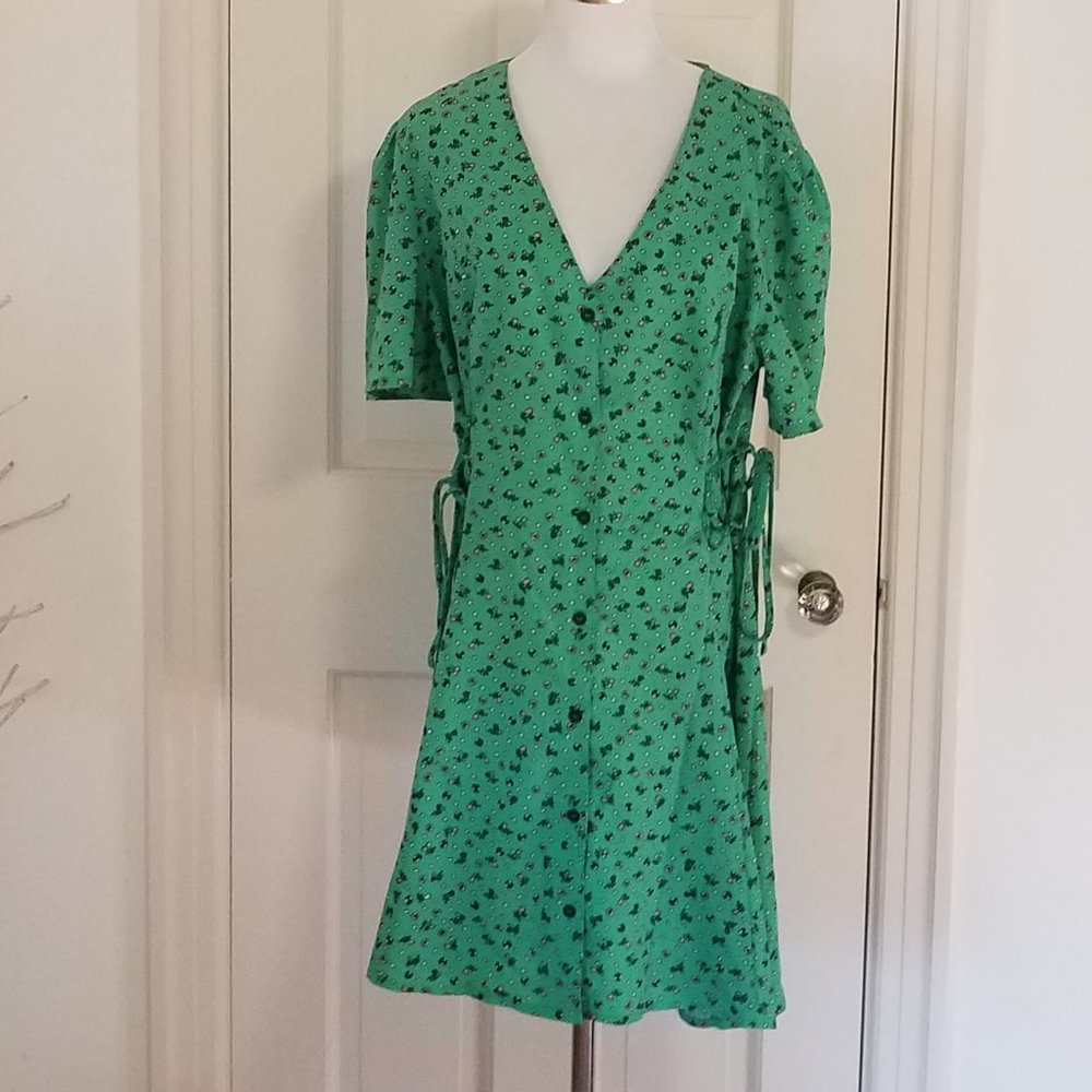 Collusion Green Flower Side Ties V Neck Button Down Dress sz 14